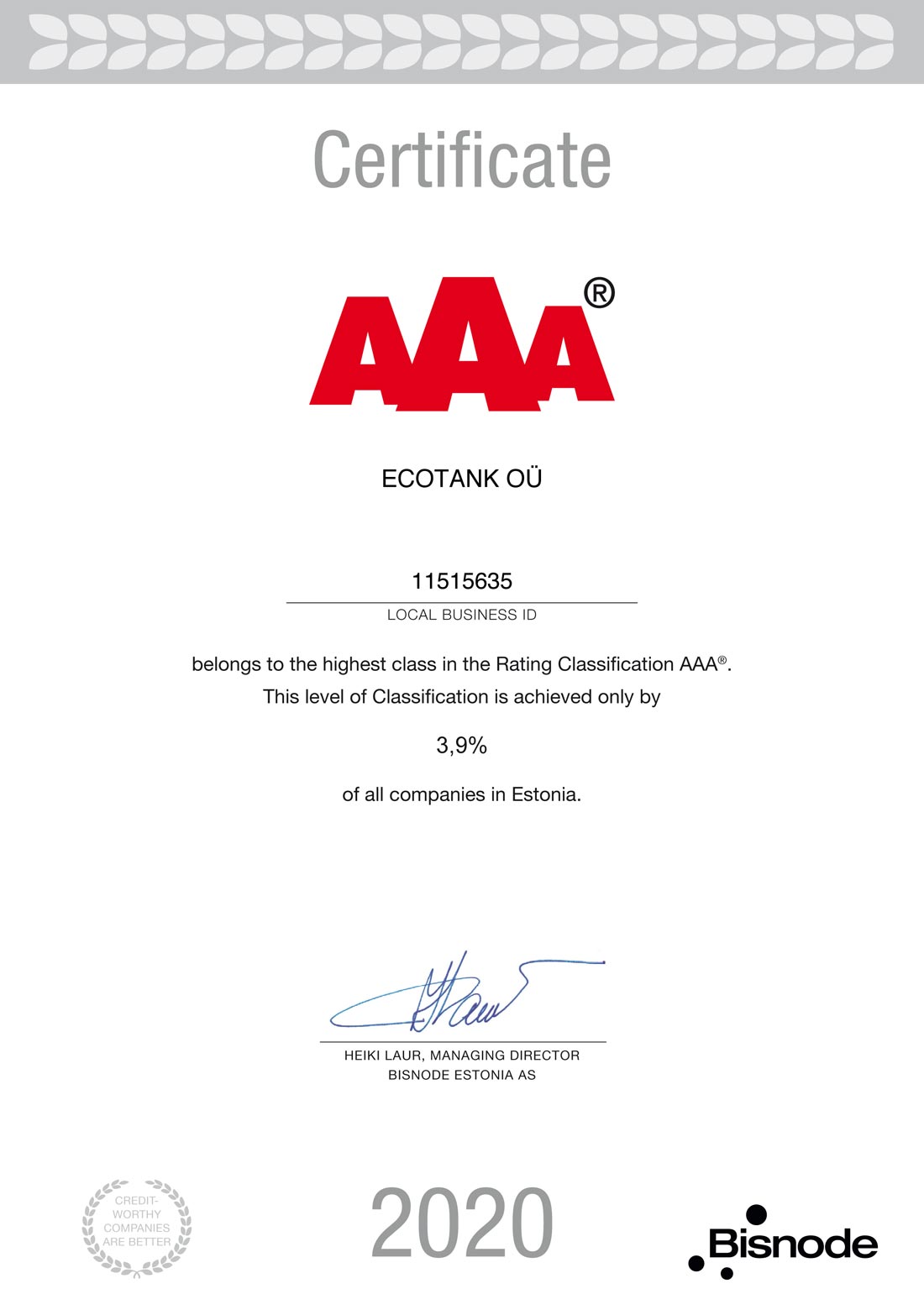 AAA2020-sertifikaatti - Ecotank Oy